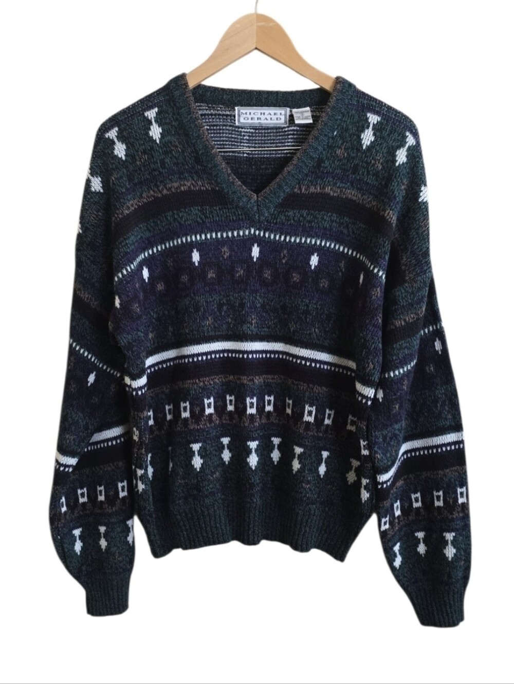Vintage 90s Michael Gerald Geometric Grandpacore Green Navy White Sweater. Small